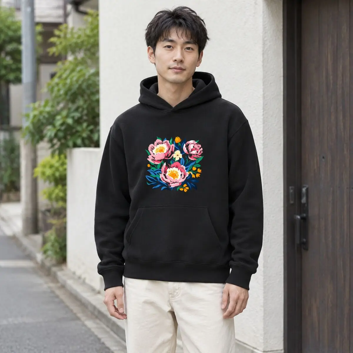 Colorful Peony Floral Bouquet Pink Orange Blue Flowers Leaves Autumn and winter new men's and women's hooded sweatshirts