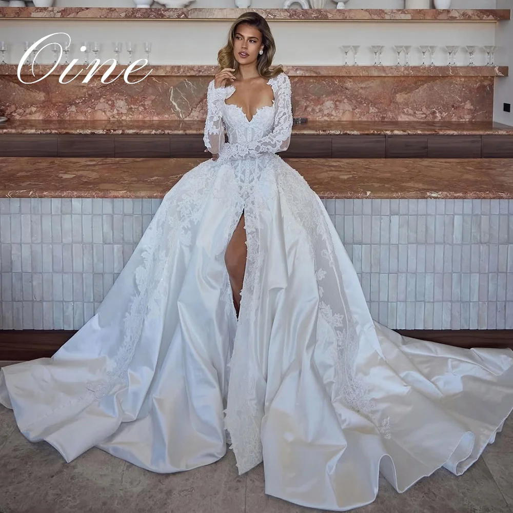 Oine Luxus-Hochzeitskleid für Damen 2026, abnehmbare Ärmel, A-Linie, Spitzenapplikation, Brautkleid mit Seitenschlitz, Robe De Mariée, individuell gestaltet
