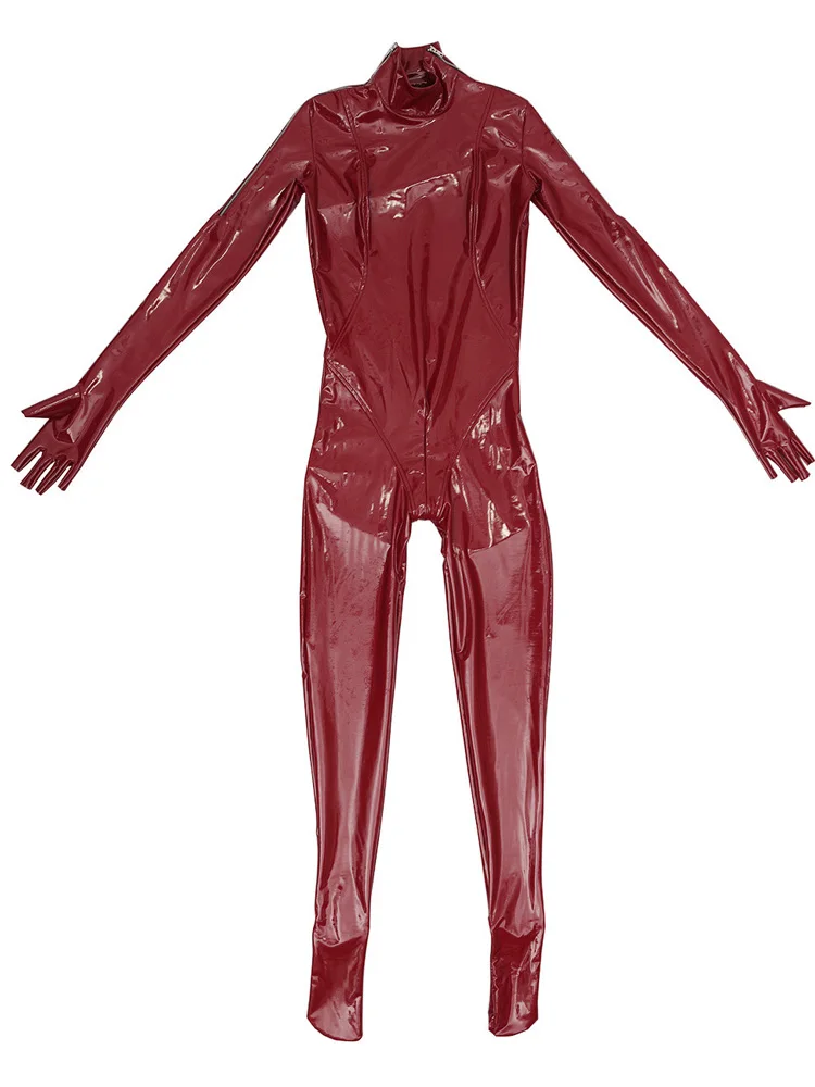 Sexy Women PVC Wetlook Shiny Full Bodysuit Latex Elasitc Sexy Tight Zipper Open Crotch Half Finger Gloves Cosplay Leotard