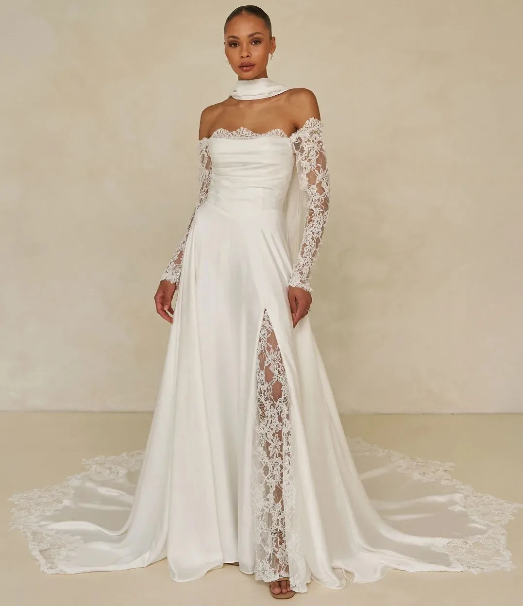 2026 Elegant Wedding Dresses Scalf Off The Shoulder Long Sleeves Satin Lace Bride Bridal Party Gowns Vestidos De Noiva