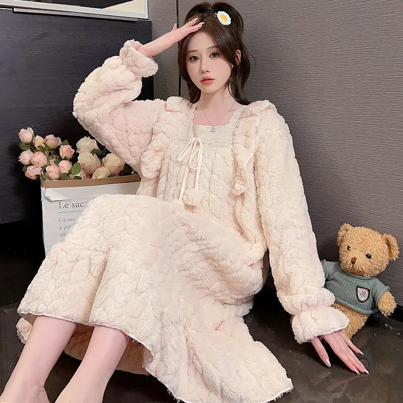 Nightdress Female Autumn Winter Coral Velvet Thick and Velvet Pajamas Female Princess Long Large Size Flannel Warm Home Wear