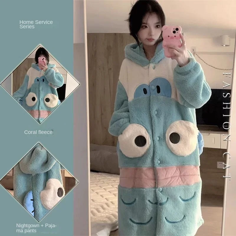 

Kawaii Hangyodon Plush Pajamas Hooded Girls Sanrio Anime Coral Velvet Home Clothes Witer Thickened Warm Nightgown Set