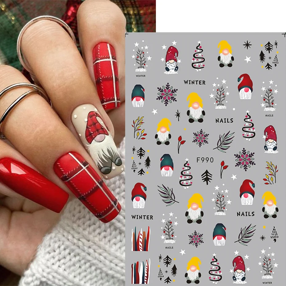 3 hojas de pegatinas navideñas festivas para decoración de uñas, copos de nieve rojos de Papá Noel, calcomanía adhesiva, Reno, muñeco de nieve, manicura, deslizador de vacaciones