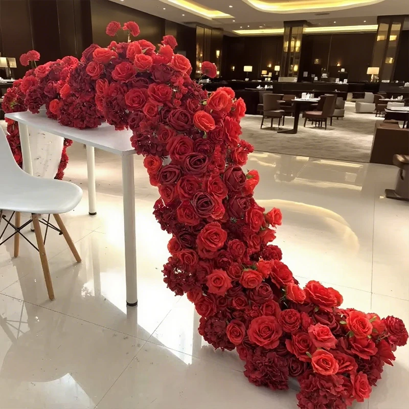 Luxuriöse Künstliche Rosenreihe 200/50cm für Hochzeitstisch-Dekoration, Blumenwand, Bögen, Party- und Bühnendekoration