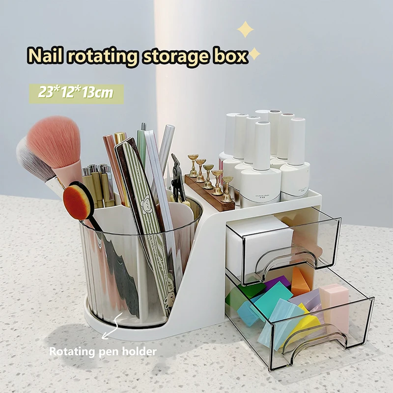 2 In 1 Large Capacity Rotatable Storage Pen Holder Drawer Nail Makeup Tools Storage Box Multifunctional Container