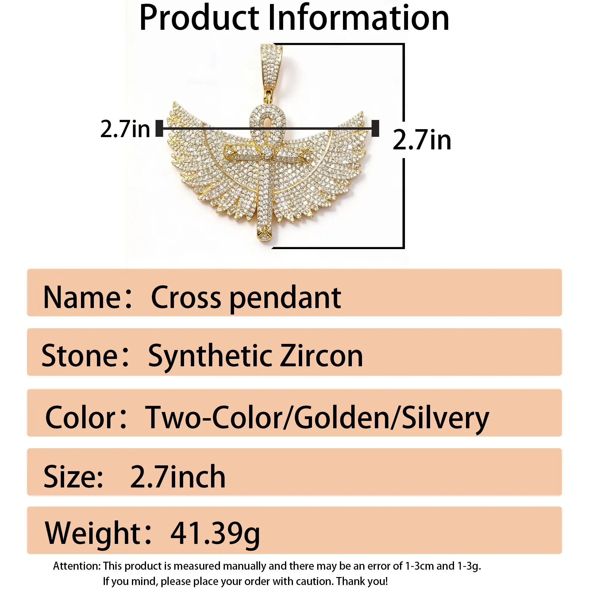 LYEE CYEE's New Hip-Hop Gold Cross Large Wing Pendant Necklace Can Be Paired with Cuban Chain Street Party Decorations, Exquisite Jewelry, Valentine's Day/Commemorative Gifts, Birthday Gifts, Holiday Gifts, the Best Gift for Boyfriends