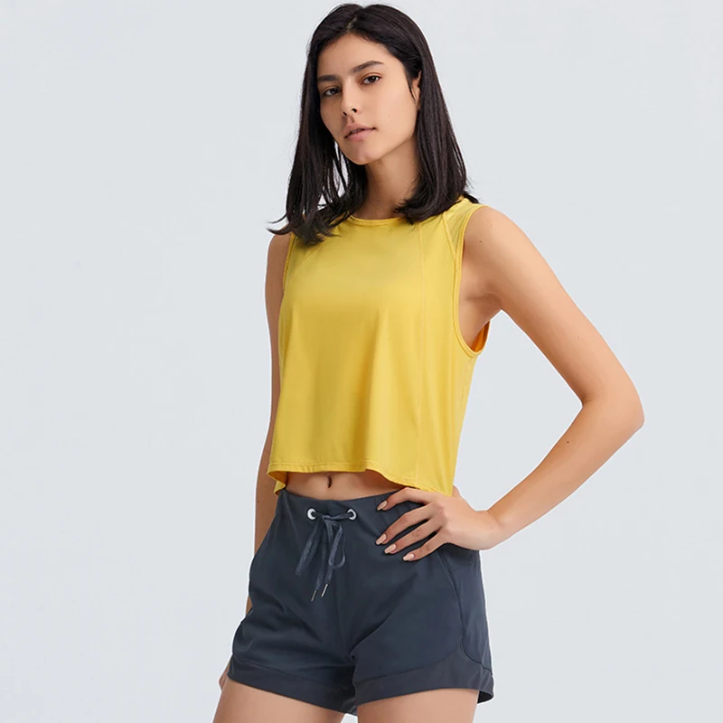 Mulheres soltas em torno do pescoço sem mangas crop top com logotipo, traseiro oco, leve, respirável, ioga fitness, colete de corrida ao ar livre, autêntico