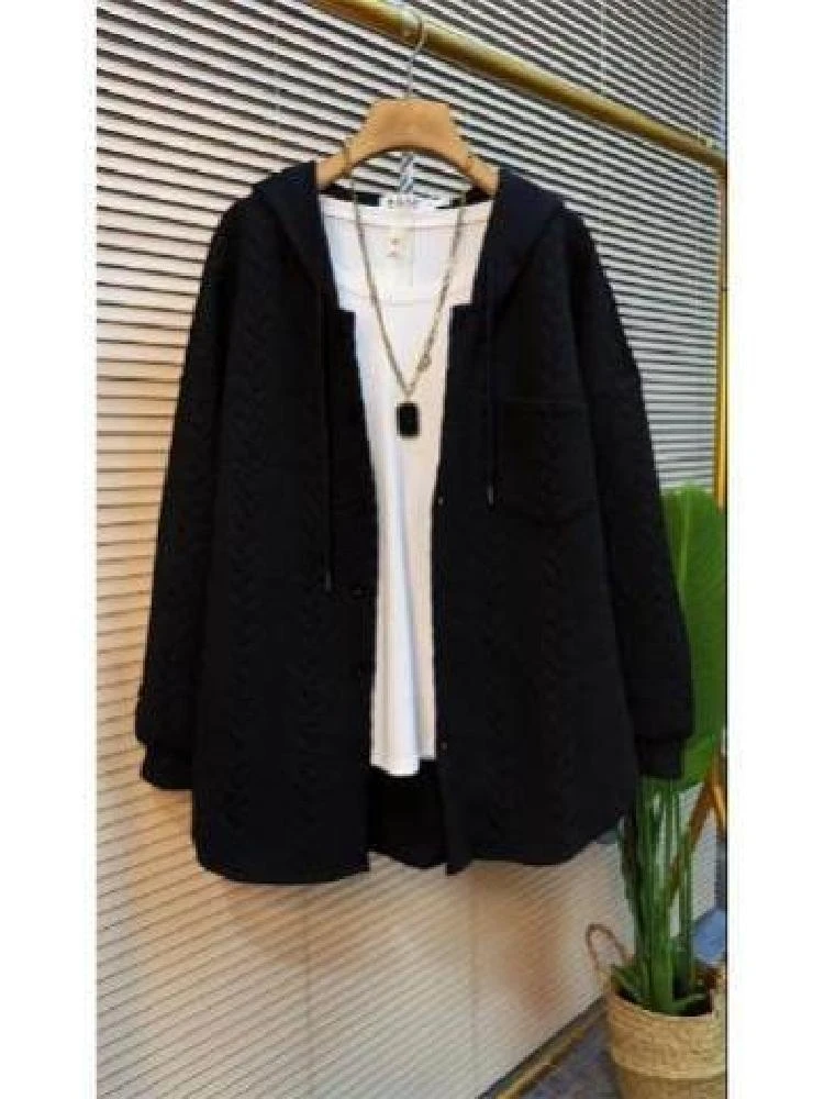 

plus Size Autumn Winter Jaet Loose Casual Hooded Medium Length Spliced Long Sve Open Cardigan Women's Faion Outerwear