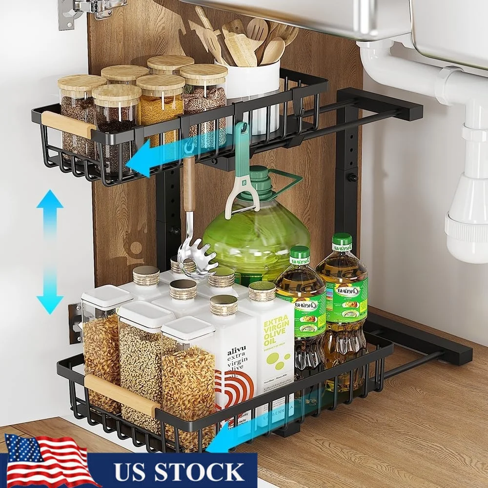 

2 Tier Under Sink Organizer Sliding Drawer Pull Out Cabinet Storage Adjustable Height Kitchen Bathroom Shelves Metal Basket