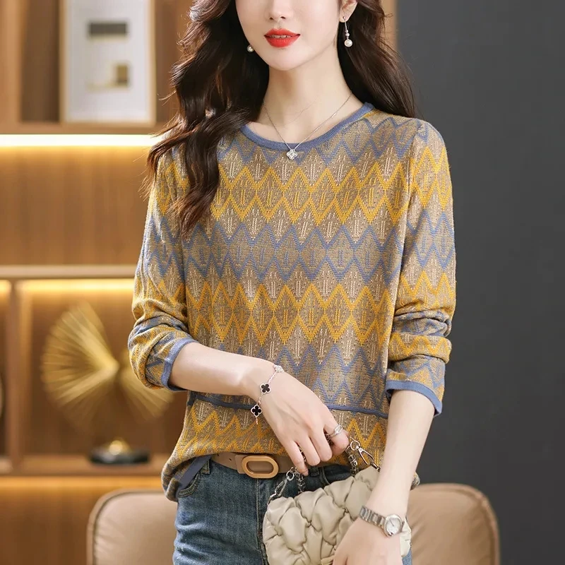 Spring New Fashion Casual Simple Round Neck Diamond Plaid Sweater Women Panelled Printed Patchwork Loose Long Sleeve Knitted Top