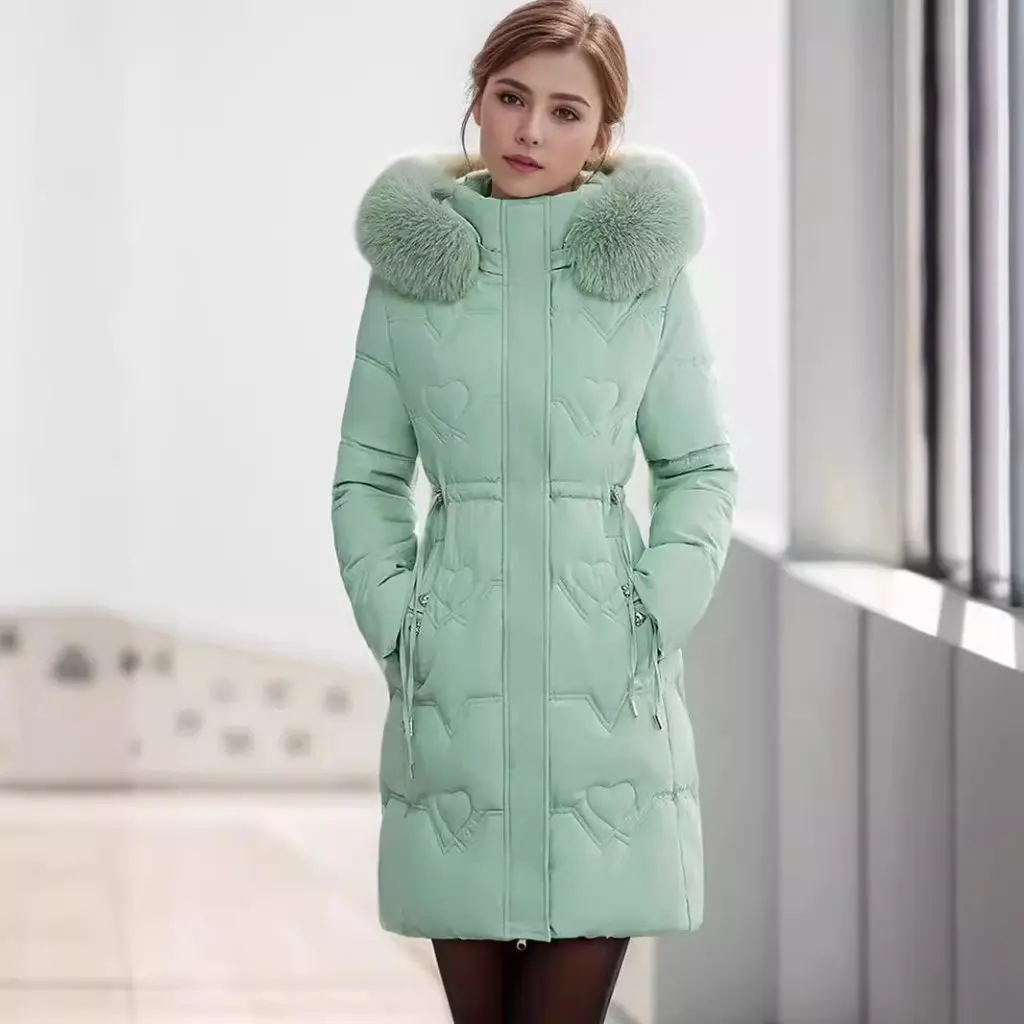 

Женский пуховик средней длины с большим меховым воротником, облегающая теплая утепленная хлопковая куртка в корейском стиле для универсальной моды