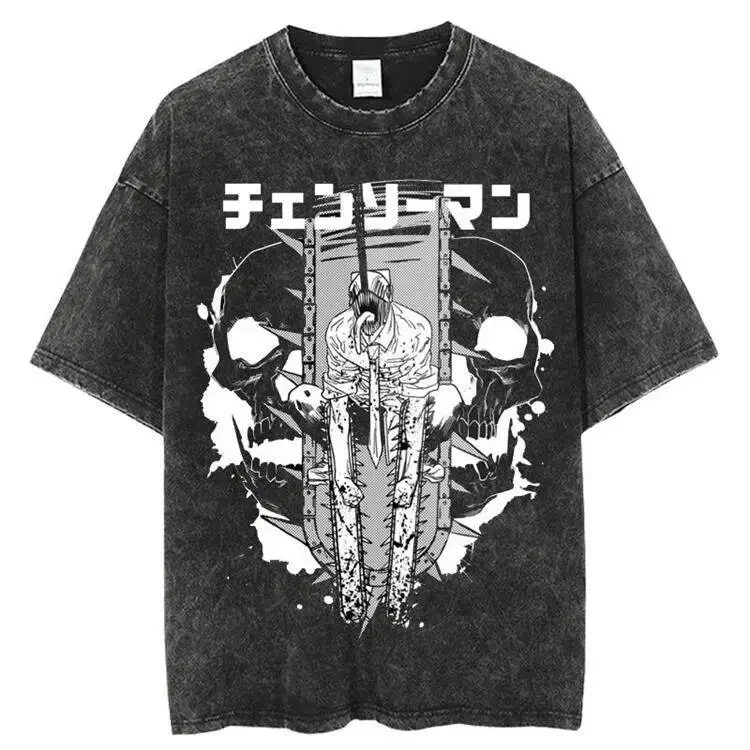 2026 Anime Chainsaw Man Graphic Printed T-shirt Men's and Women's Washed T-shirt High Quality Vintage Cotton T-shirt Y2K Tops