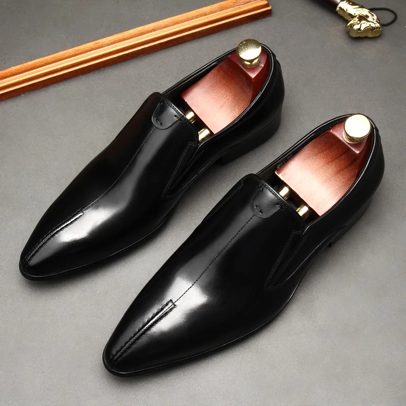 Casual Men Leather Dress Shoe Genuine Leather Pointed Toe Slip On Wedding Men Formal Loafers Shoes Black Wingtip Oxford Shoes