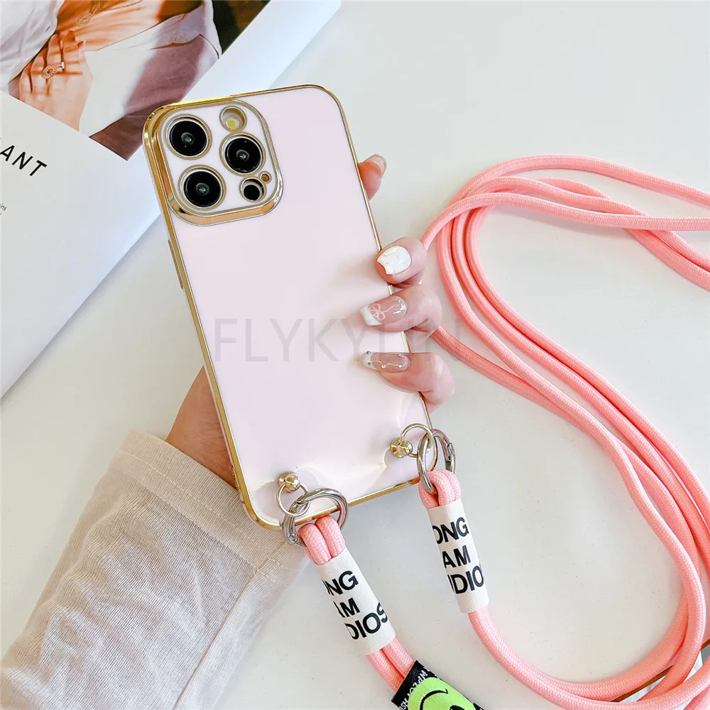 Plating Lanyard Case For iPhone 15 14 13 12 11 Pro Max XS Max X XR 6 8 7 Plus SE 2020 Crossbody Necklace Strap Chain Soft Cover