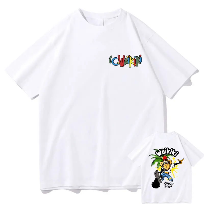 Lc Waikiki Monkey with A Skateboard Print Tshirt Men Women Funny Monkey Graphic T-shirt Oversized Male Casual Pure Cotton Tees