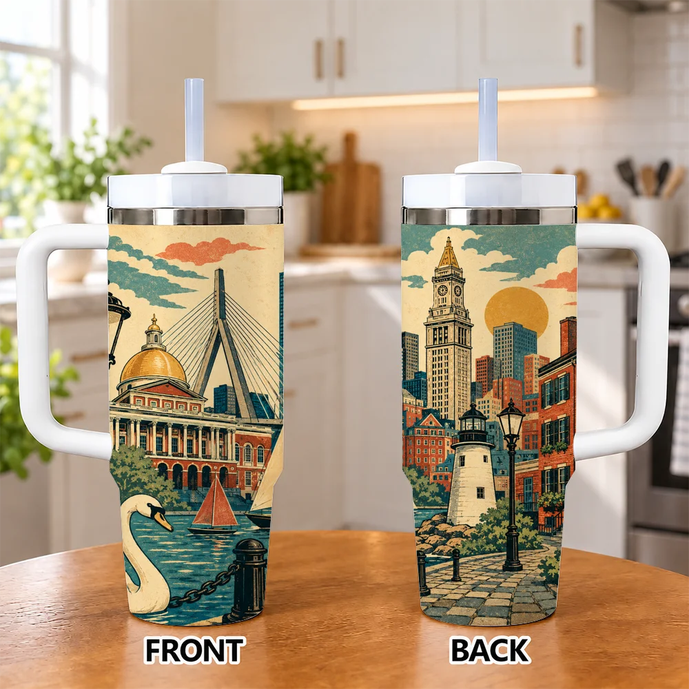 40oz Boston Cityscape Tumbler with Handle Straw Stainless Steel Insulated Travel Mug Vintage Travel Gift Souvenir Vacuum Flasks