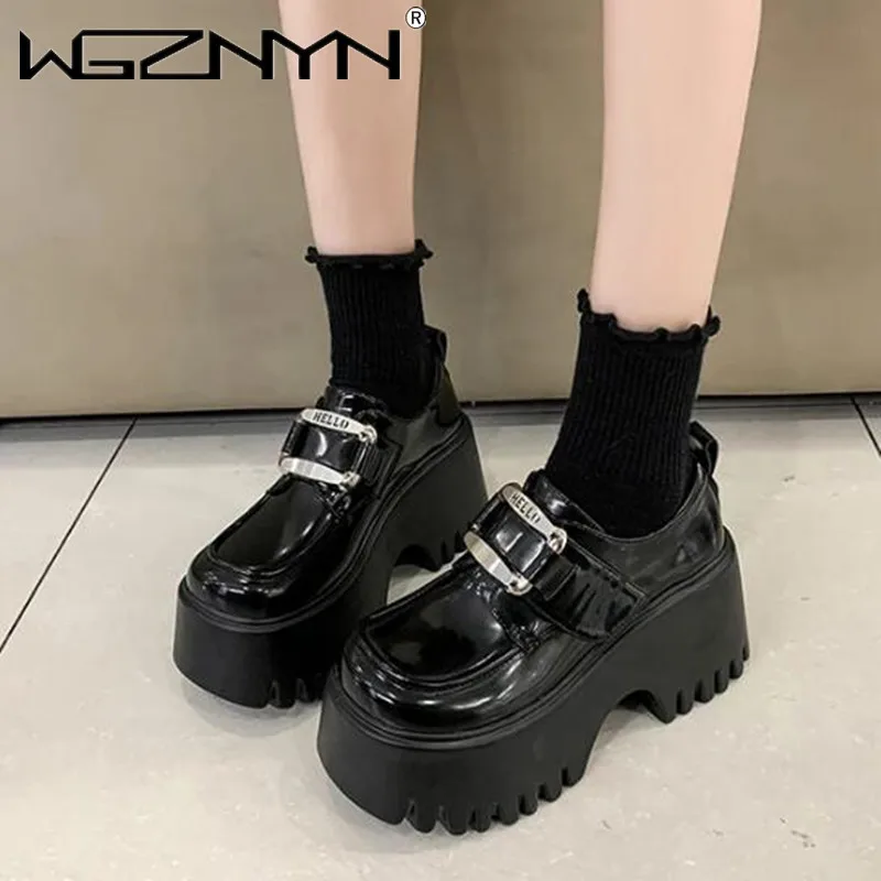 Jesień Kobiety Punk Gothic Wysoka Platforma Kliny Buty Casualowe 8CM Obcasy Wodoodporne Skórzane Buty Gruba Podeszwa Trenerzy Kobiety Trampki