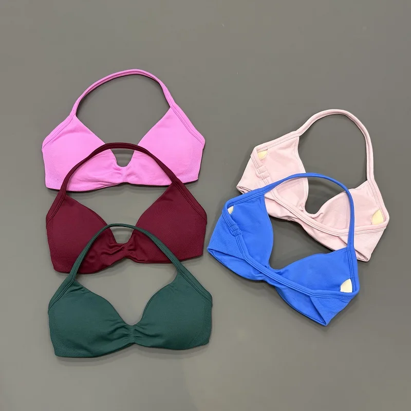 Sports Strappy Bra Gym Top Women High Support Thin Strap Seamless Halter Sports Bras Scrunch Workout Yoga Underwear With Pads