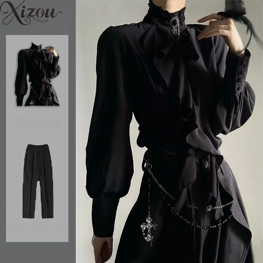 Dark Gothic Vintage Court Ruffle Stand Collar Shirt Straight Pants Two Piece Set Unisex Prince Lolita Outfit 2026 Spring Autumn