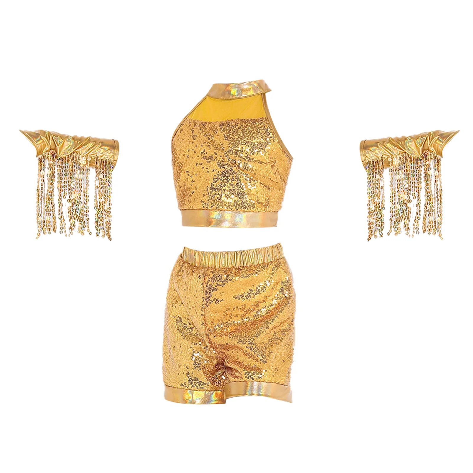 

Kids Girls Latin Dance Outfits Halter Self-tie Back Sequin Sleeveless Crop Top+Shorts+Fringed Tassels Gloves Performance Costume