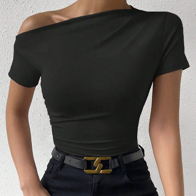 Women One Shoulder Ruched Short Sleeve T Shirt Summer Fashion Casual Solid Color Slim Fit Tee Top Streetwear 2024