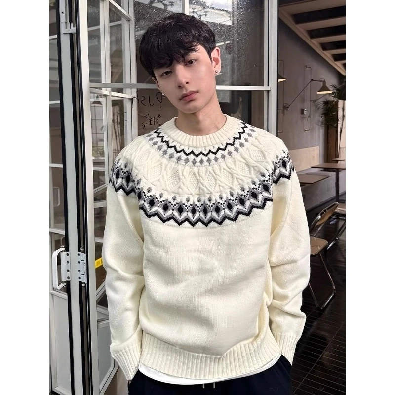 

American Retro Cleanfit Fair Isle Knitwear Men's Lazy Sle High-End round Ne Pullover Sweater Warm Casual Autumn Faion