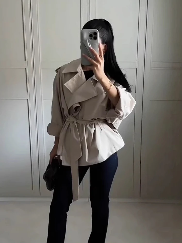 

Streetwear Lace Up Ruched Jacket Women Autumn Full Sleeve Casual Short Trench Coat Fashion Lady Commuter Jacket New in Outerwear