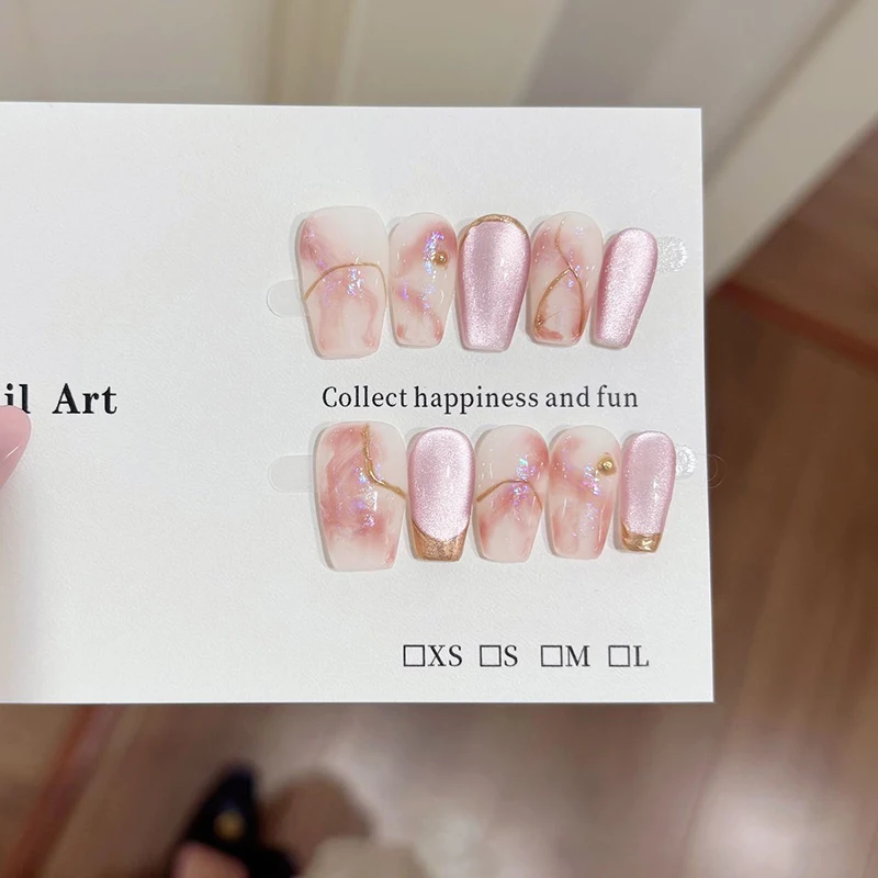 10 stks/set Blush Roze Gradiënt Handgemaakte Korte Nep Nagels Boog Ontwerp Nail Art Eenvoudige Mode Druk op Valse Nagel voor Vrouwen & Meisje