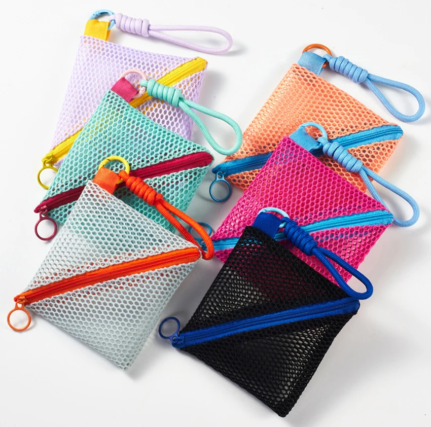 

10pcs Coin Purses Color Patchwork Mesh Middle Zipper Ear Line Storage Bag Mix Color