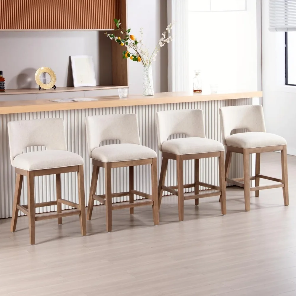 เก้าอี้บาร์ชุด 4, 26 "ความสูงเคาน์เตอร์ Barstools, ผ้าลินินเบาะ Barstools พร้อมเปิดด้านหลังสําหรับห้องครัว/บ้านผับ