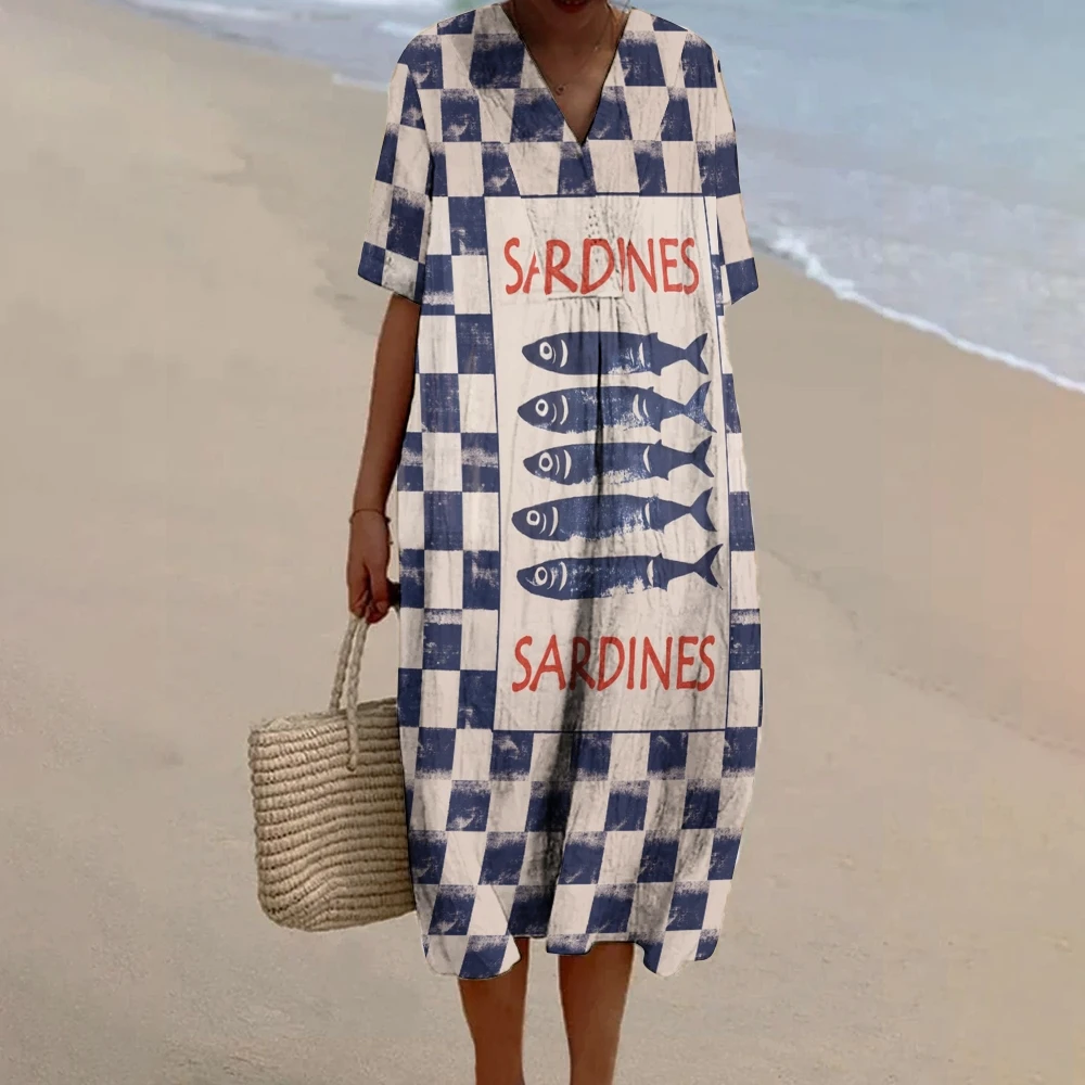 

Women'S Blue Sardine Print Dress With Beach Style V Collar One-Piece Long Skirt Grace Clothing Summer Y2K Retro Style Frock