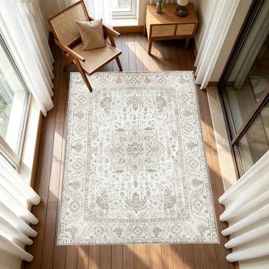Retro Neutral Beige Gray Oriental Pattern Carpet, Antique-Style Pattern Carpet, Non-Slip Floor Mat for Living Room and Bedroom