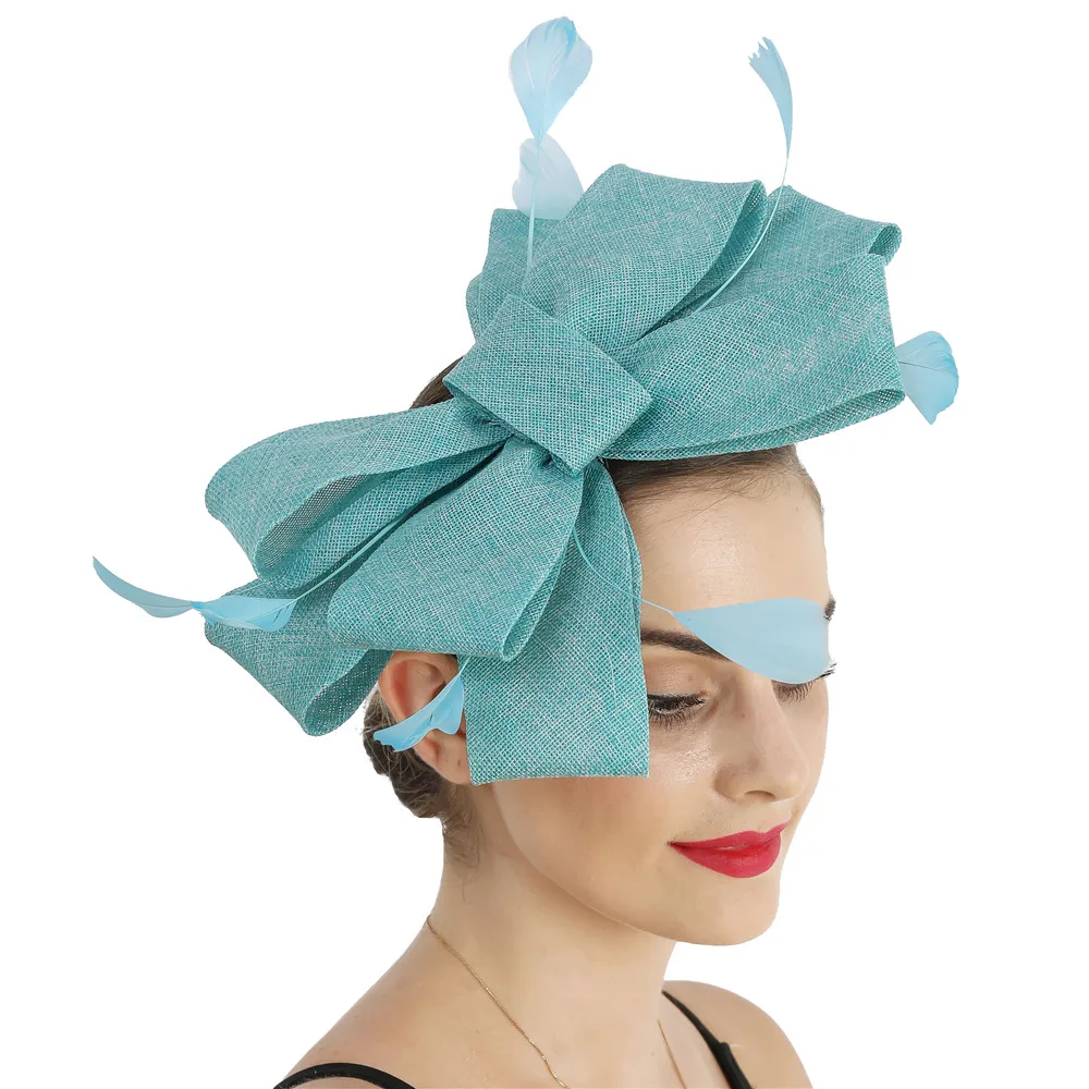 Nachahmung Sinamay Hochzeit Mesh Fascinator Für Damen Kopfbedeckung Party Frauen Braut Haar Zubehör Bogen Haar Clip Phantasie Feder – Detail 4