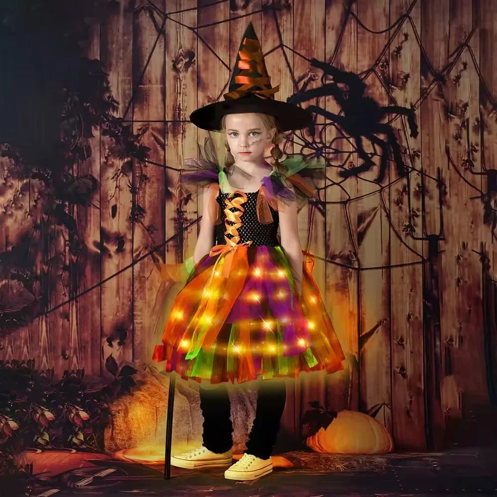 Costume de sorcière cosplay d'Halloween pour filles, robe de carnaval pour enfants, tenues de fête éducatives, tutu, ensemble de vêtements Kiev illage de paupières, chapeau de vacances