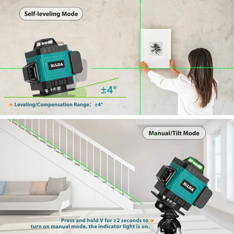 HILDA 16/12 Lines 4D Laser Level Green Line SelfLeveling 360 Horizontal And Vertical Super Powerful Laser Level Green Beam