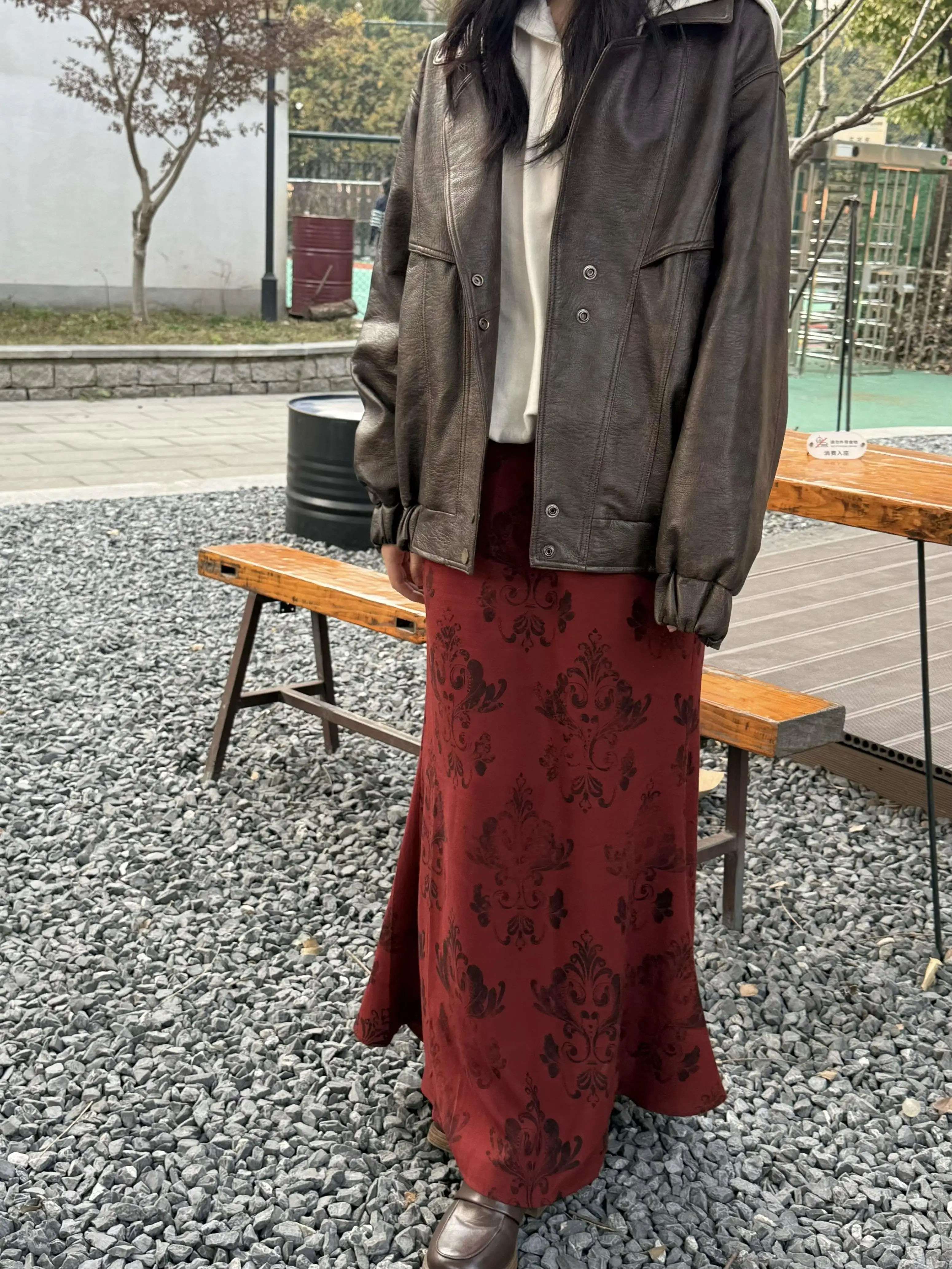 Red Floral Print High Waist Fish Tail Skirt Women's Spring Autumn Casual Long Dress Versatile Half Body Skirt Chinese Style