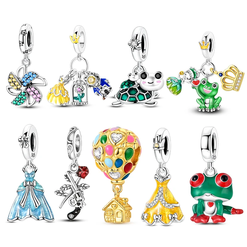 Juego de tres piezas de plata 925 original de La Bella y la Bestia y el Príncipe Rana, colgante con cuentas para pulseras de 3 mm, para mujeres, joyería DIY.