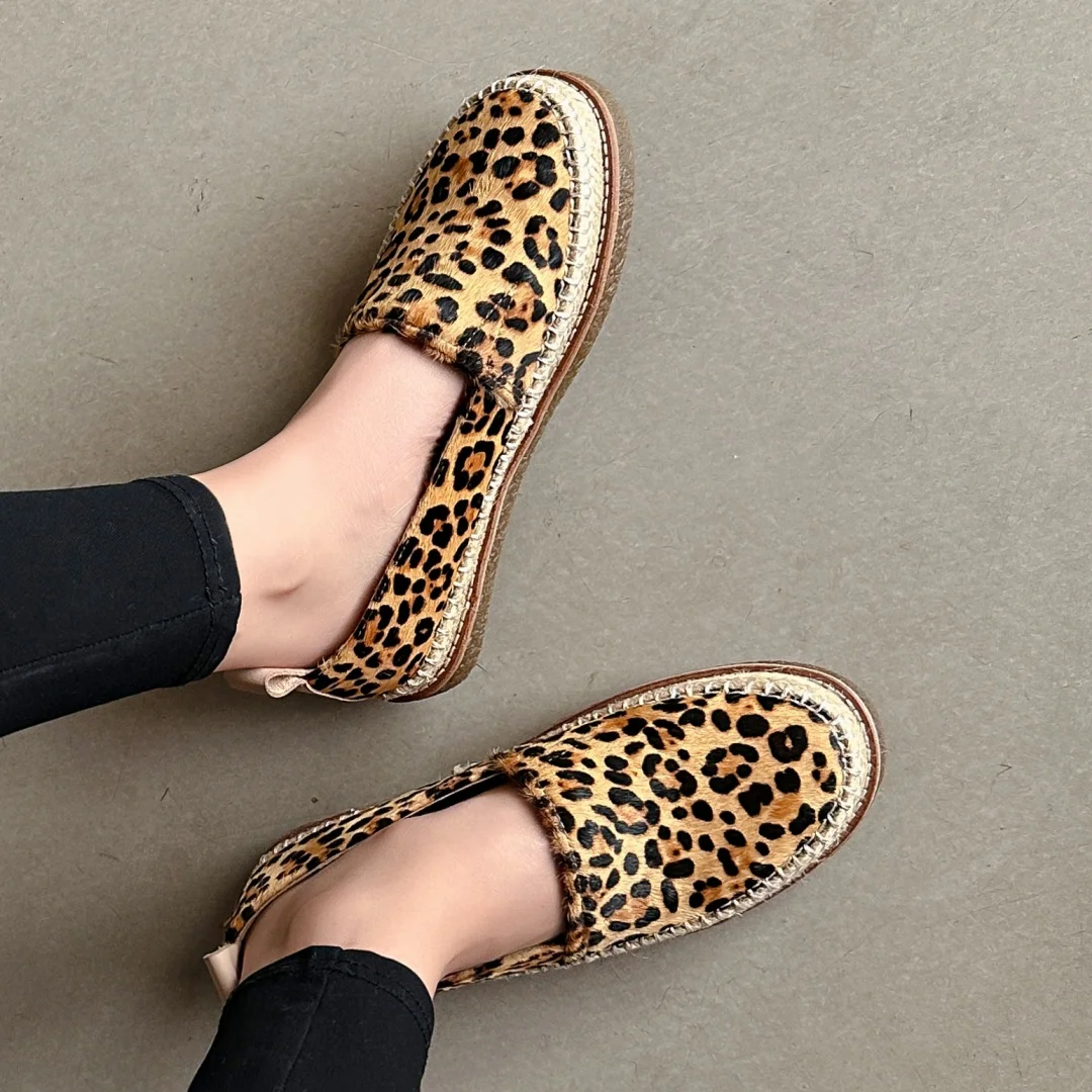 2025 Women\'s leopard horsehair slip-on flats loafers round toe hemp casual female moccasins leisure fisherman\'s shoes for woman