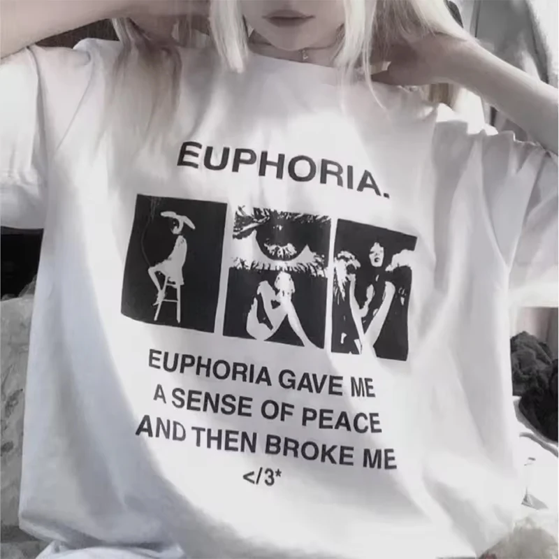 تي شيرت نسائي من EUPHORIA جرافيك مطبوع قطن Y2k ملابس الشارع الشهير موضة هاراجوكو كبيرة الحجم بأكمام قصيرة ملابس تي شيرت