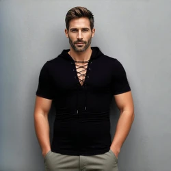 MRMT 2026 Brand New Four Seasons Men Hooded European Size Loose Shoelaces Hip-hop Casual Short Sleeve T-shirt Man's Tshirt