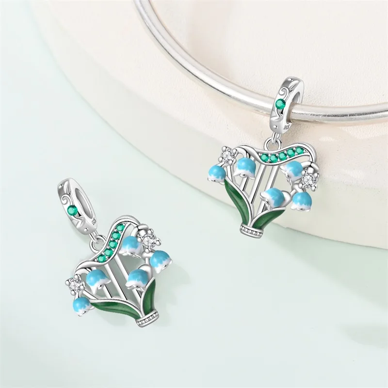 

New 925 Sterling Silver Classical Bell Orchid Harp Pendant CZ Zircon Dangle Fit Original Bracelet DIY For Women Jewelry Gifts