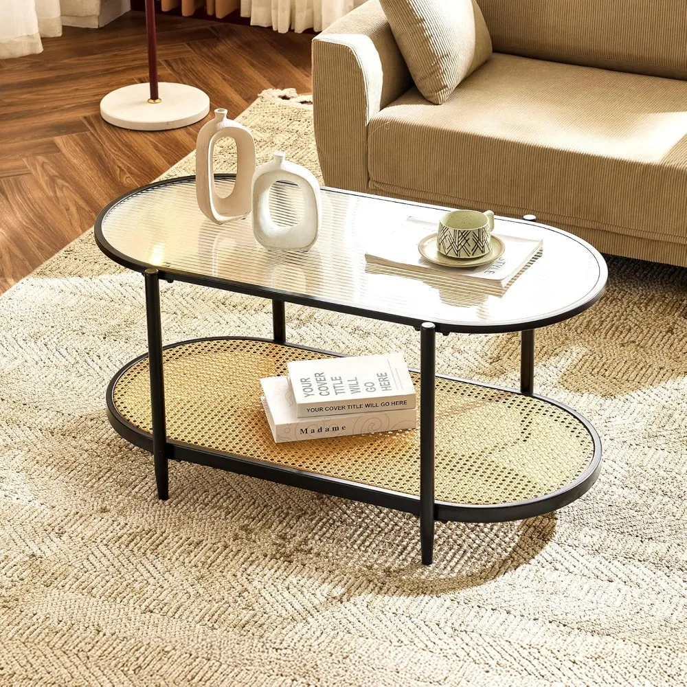 38" Oval Coffee Table with Rattan Shelf, Glass Metal Coffe Table, Skinny Coffee Tables with 2-Tier Storage, Modern Center Table