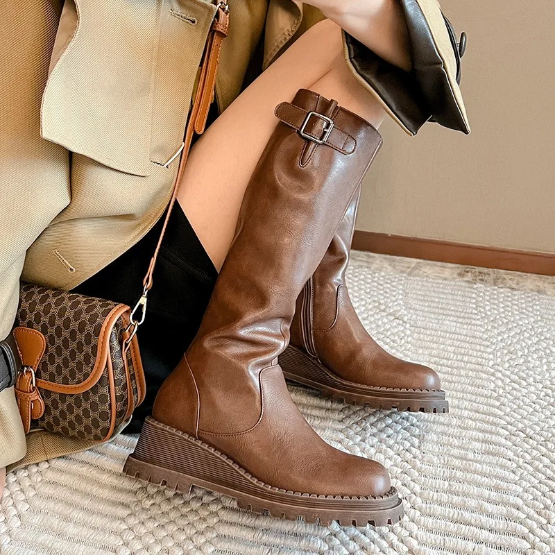Birkuir Wedges Women Long Boots Genuine Leather Buckle Side Zip Winter Plush Snow Boots Luxury Thick Heel Causal Boots 41 42 43