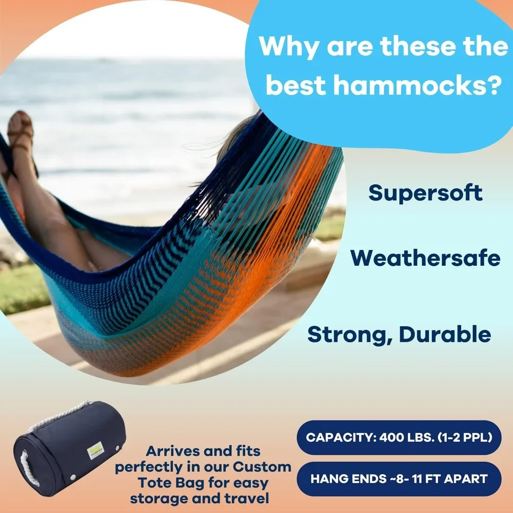 Handwoven Hammock by - Double Size, Fits 1-2 PPL, 400lb max - Weathersafe, Super Strong, Easy to Hang