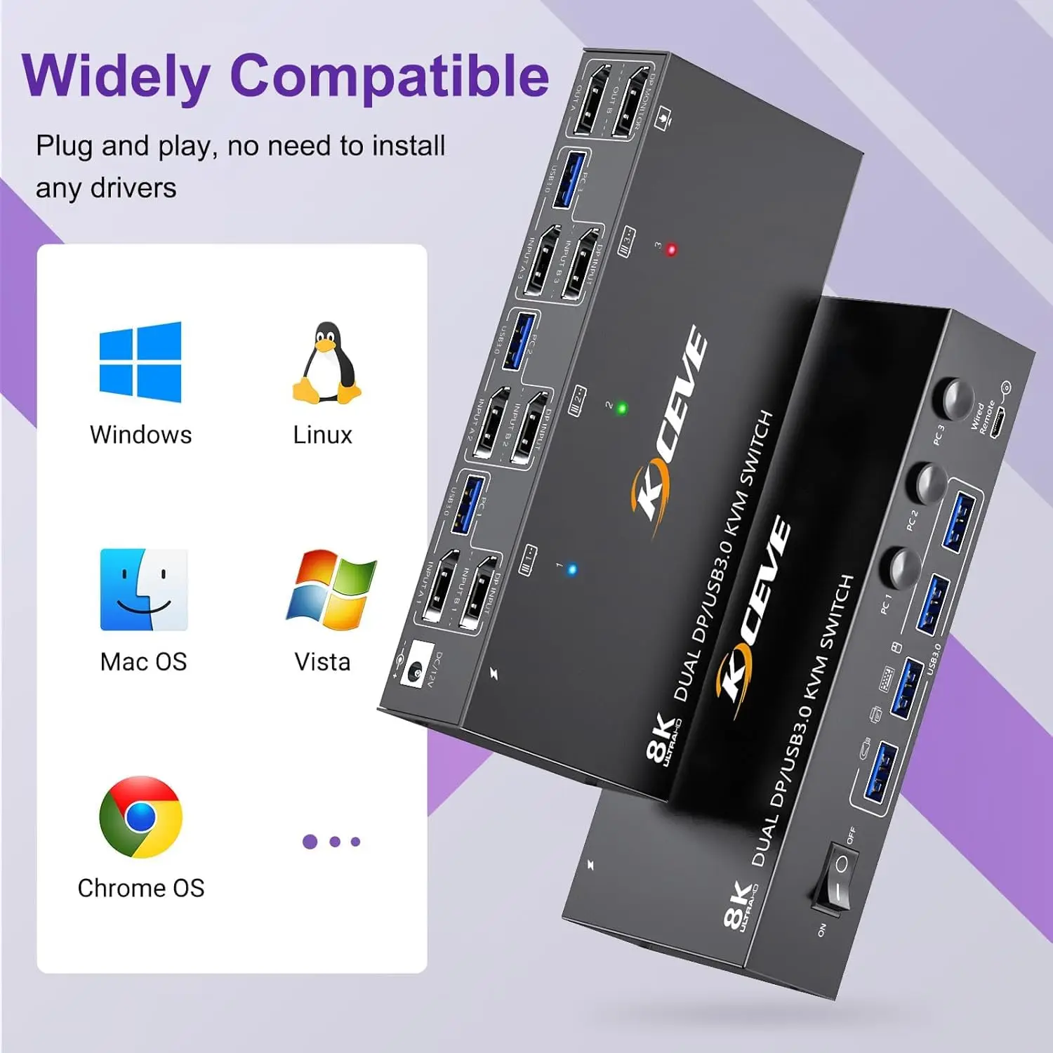 

8K KVM-переключатель 2 монитора 3 компьютера, KCEVE 4K Двойные мониторы USB 3.0 Displayport HDMI KVM-переключатель для 3 ПК Share Keyboard Mouse