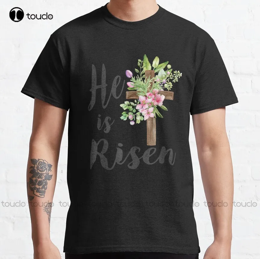 Gift He Is Risen Easter Day Jesus Floral Cross Classic T-Shirt Mens Fishing Shirts Cotton Outdoor Simple Vintag Casual Tee Shirt