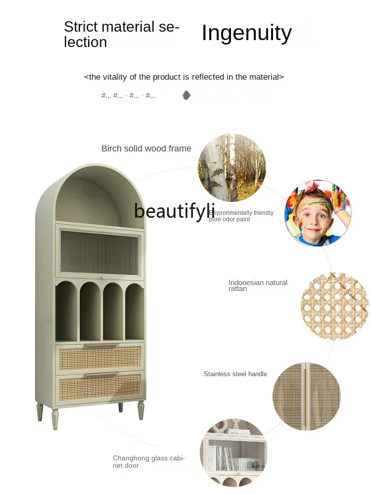 

cn8350 LHY zq Solid Wood Bookcase Light Luxury Children's Floor Nordic Storage Cabinet French Rattan Arch Decorative Wine Cabine
