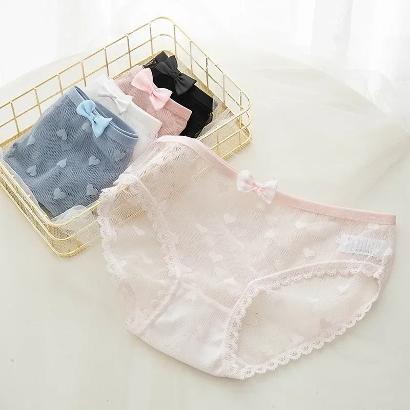 4pcs Mid-Waist Japanese Sweet Panties Feminine Lace Bow Love Mesh Cotton Crotch Briefs Women\'s Mesh Cotton Crotch Panties