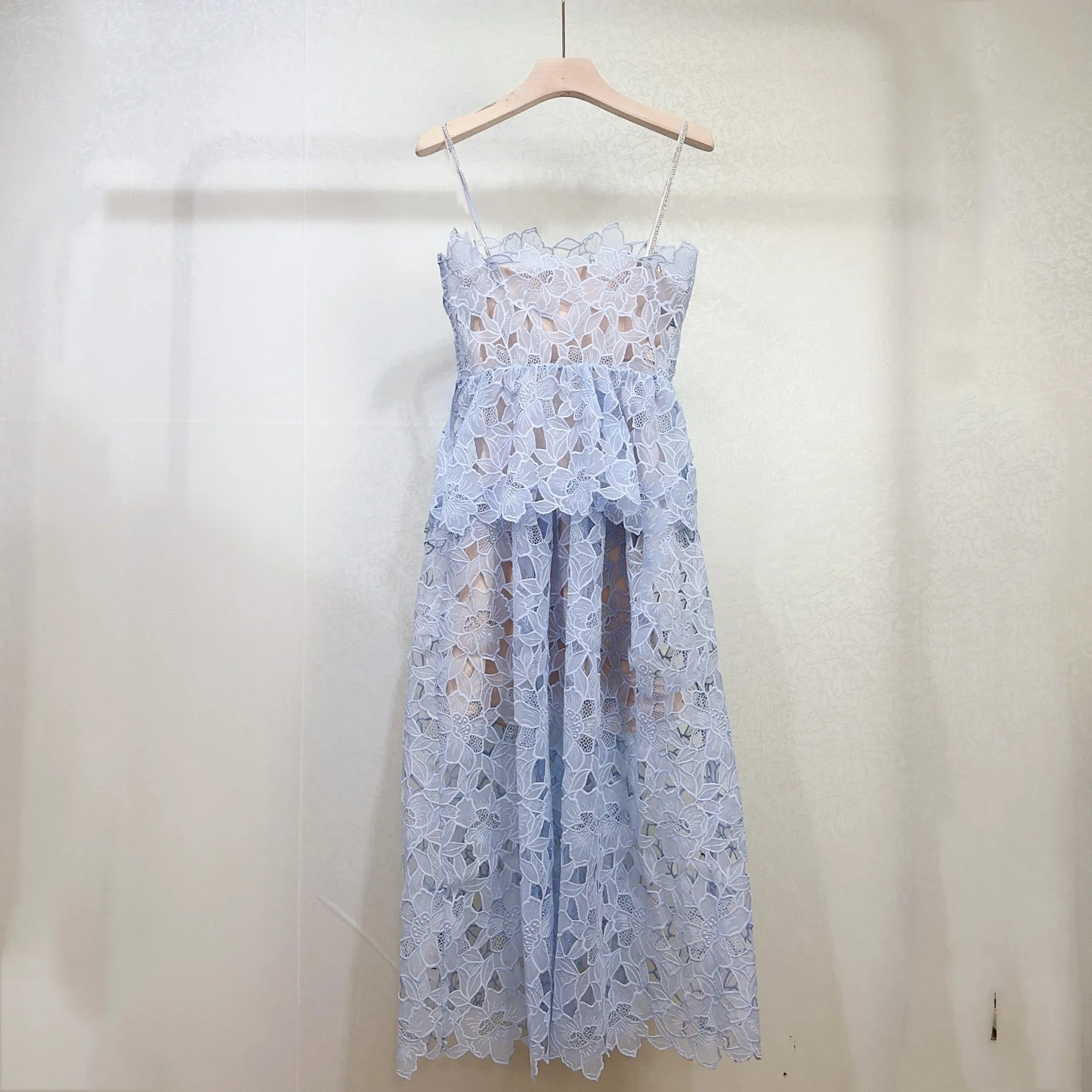 

Autumn 2024 Women Blue Sling Robe Floral Embroidery Slash Neck Sleeveless High Waist Elegant Female Midi Dress