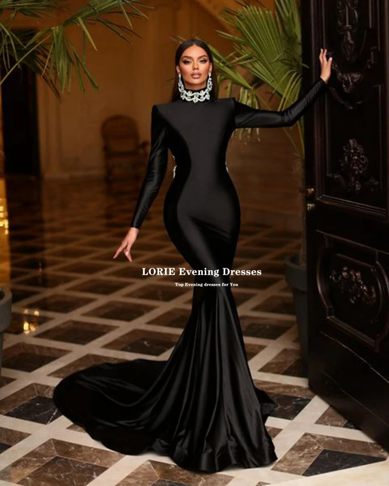 LORIE Simple Black Dbuai Prom Dresses Sleeves Backless Lace Evening Gowns Satin Mermaid Formal Club Prom Dress Robes De Soirée